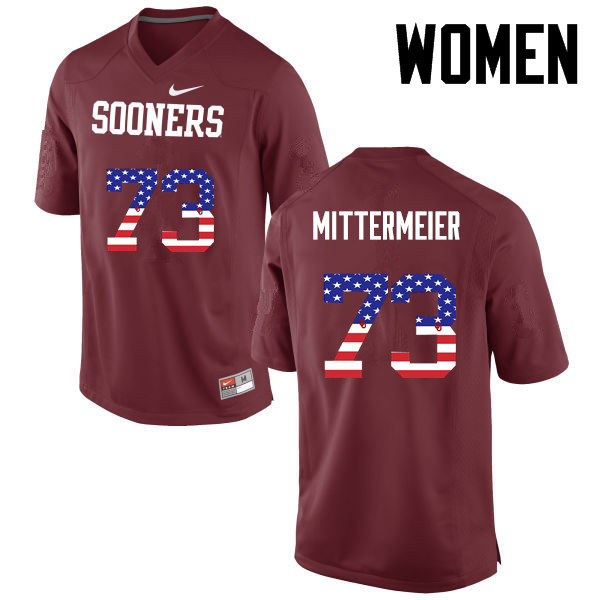Women Oklahoma Sooners #73 Quinn Mittermeier College Football USA Flag Fashion Jerseys-Crimson